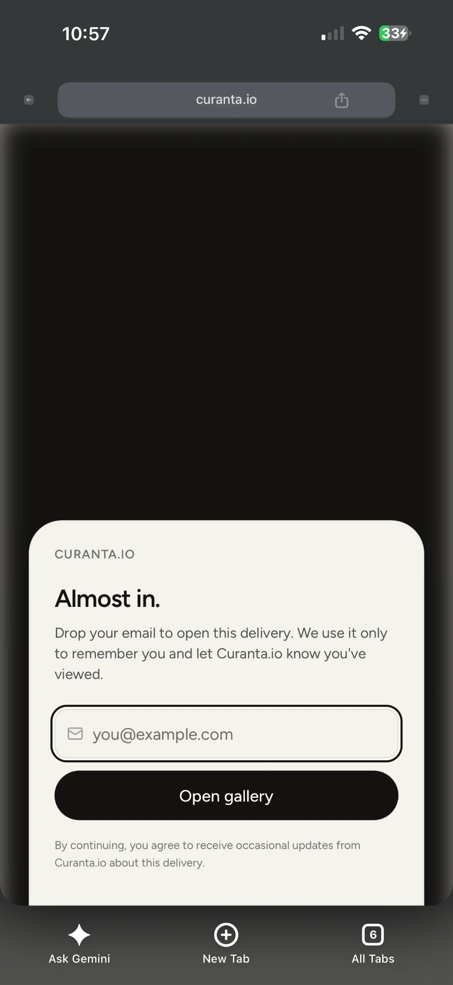 A private Curanta gallery email gate shown on a phone